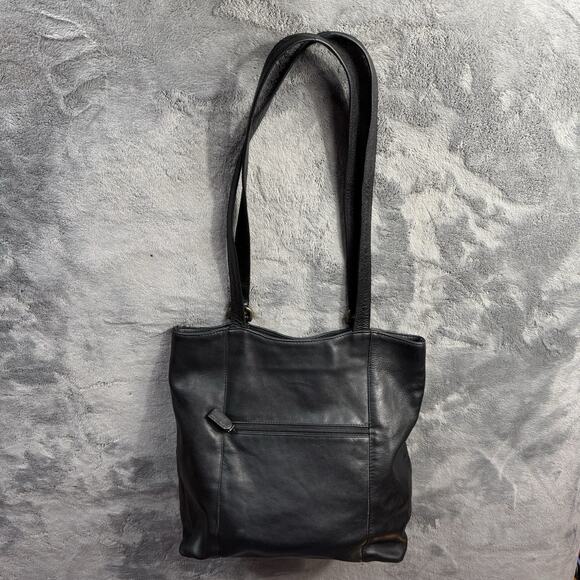 Black Leather Shoulder Bag Hobo Style Double Top Handle Purse Minimal Unbranded - Picture 3 of 13
